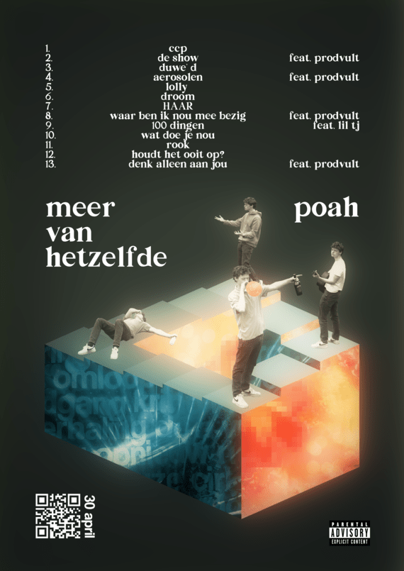 Tracklist poster for debut album 'meer van hetzelfde' by POAH (2023)